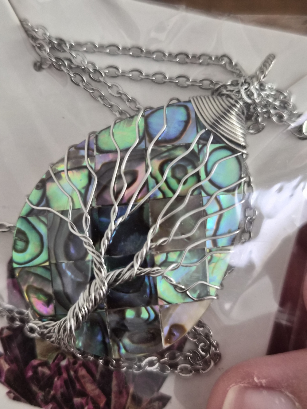 Abalone Shell Tree of Life Pendant Necklace - Silver Tone